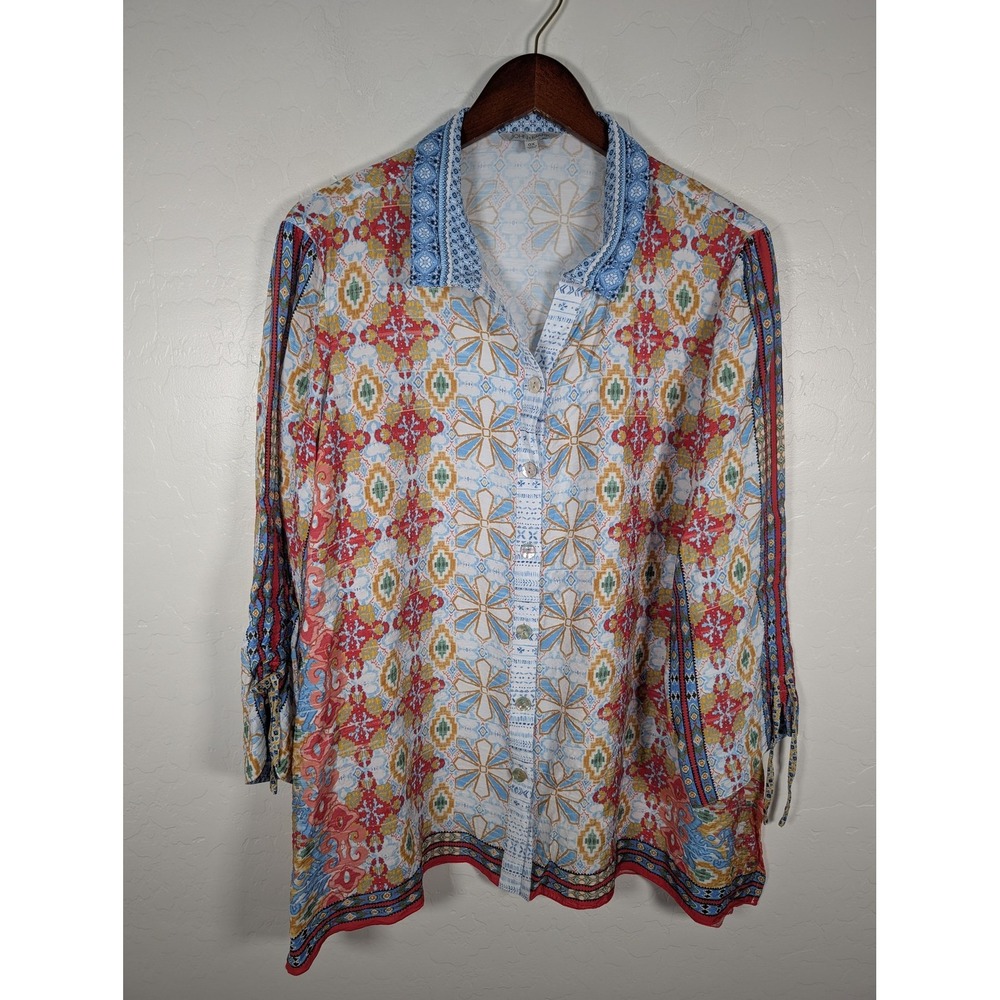 John Mark Shirt Womens 0X Multicolor Boho Button‎ Up 3/4 Sleeve Floral Print Top